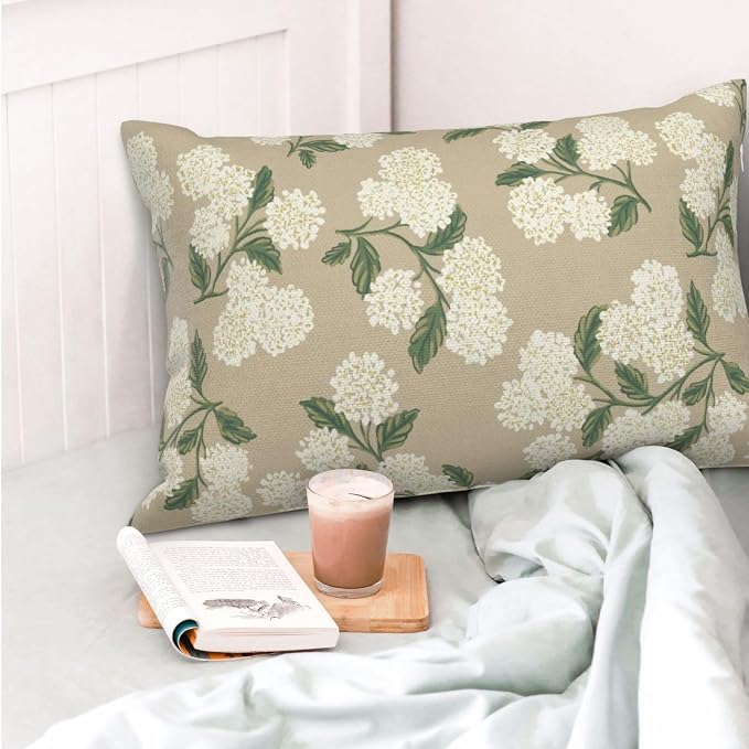 Beige Spring Pillow Covers 12x20 Inch 2 Pcs Khaki Green Hydrangea Flower Decor - Image 2