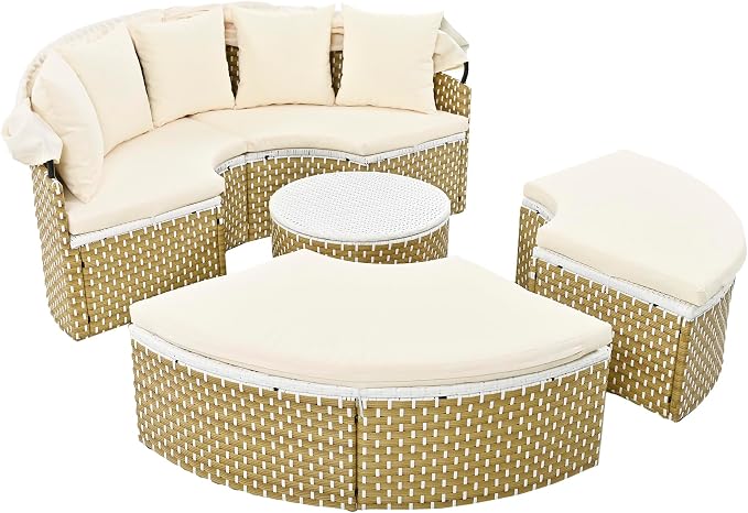 Merax Patio Furniture Round Outdoor Sectional Sofa Set, Rattan Daybed Two-Tone - Image 9