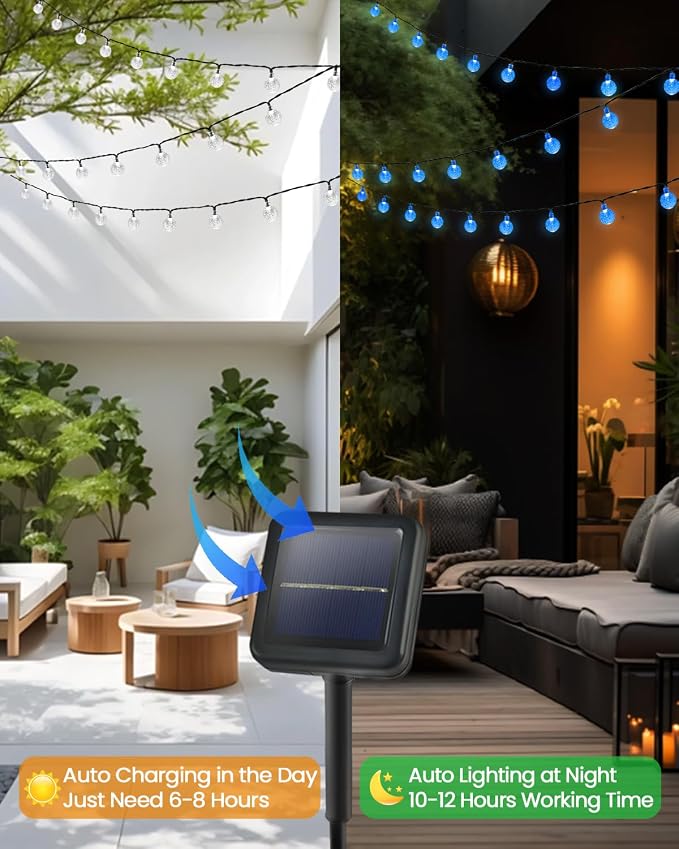 LORRYTE 2-Pack 120 LED Blue Solar String Lights Outdoor - 72FT Crystal Globe - Image 6