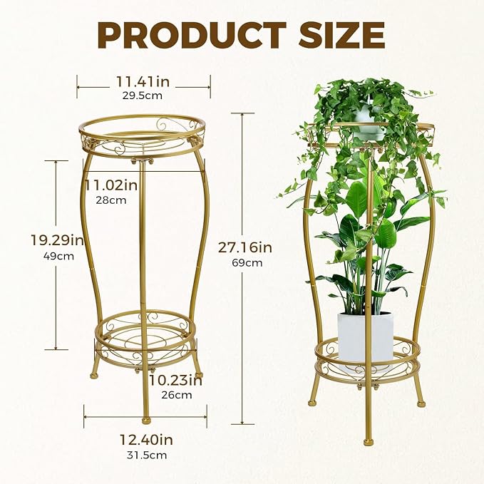 Plant Stand Indoor Outdoor，Tall Gold Metal Rustproof Stable Plant Stands，2 Tier - Image 3