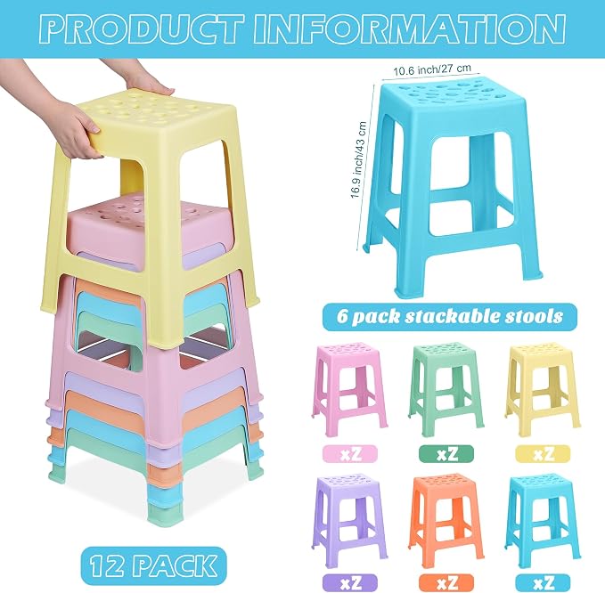 TURSTIN 12 Pack Plastic Stools 16.9 Inch 6 Macaron Colored Nesting Stools - Image 3