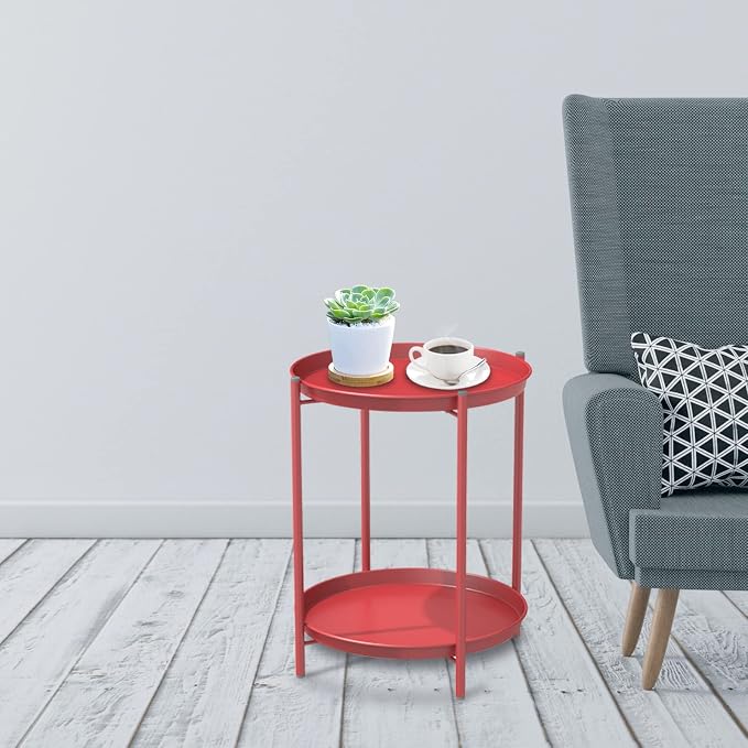 Grand patio Outdoor Side Table 2-Tier End Table Round Accent Table Peacock Red - Image 6
