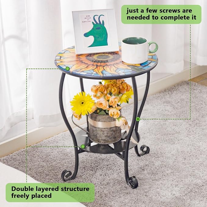 Outdoor Side Table Mosaic Patio Small End Table Metal Coffee Tea Accent Table - Image 6