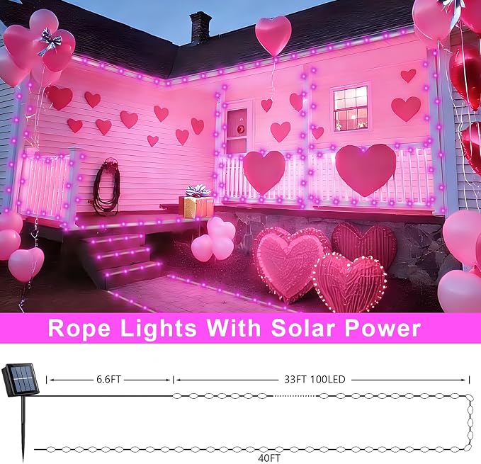 QITONG Pink Solar Rope Lights Outdoor, 2 Pack Each 33ft 100LED String Light - Image 5