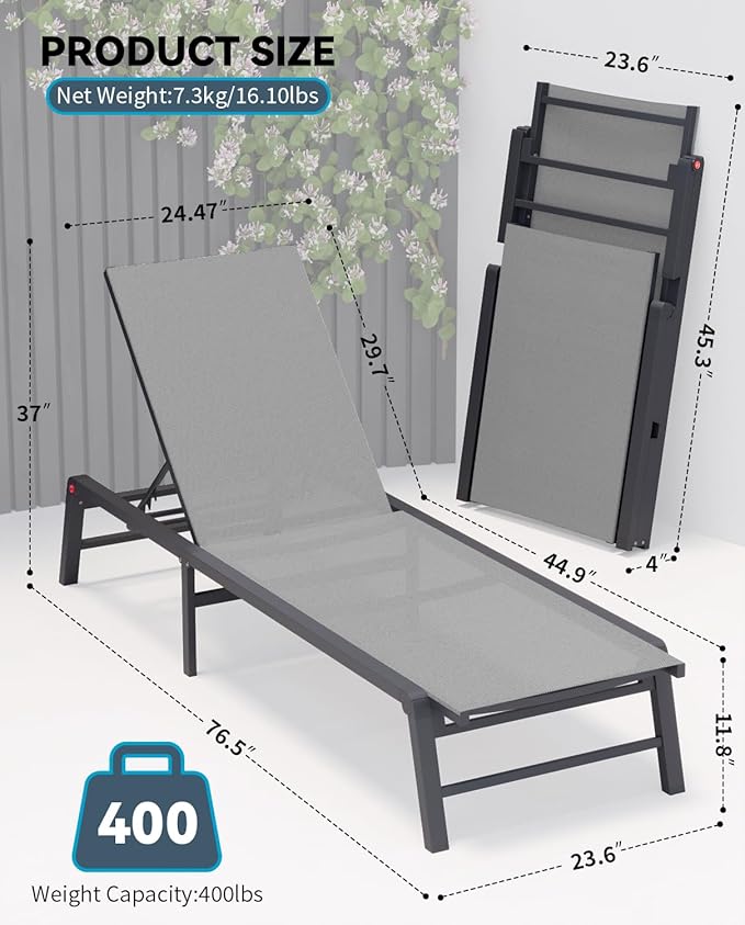 Aluminum Chaise Lounge Chair Outdoor, Foldable Patio Lounge Chair Assemble-Free - Image 2