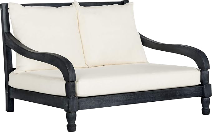SAFAVIEH Outdoor Collection Pomona Dark Slate Grey Solid Wood/Beige Cushion - Image 4