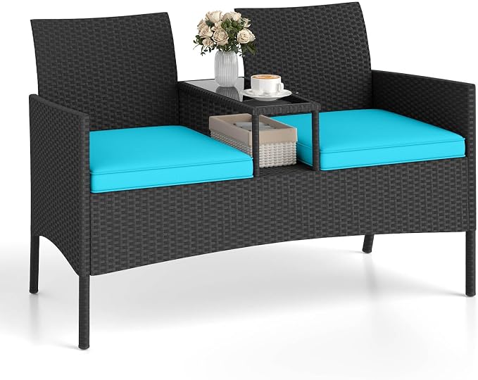 Tangkula Patio Loveseat with Built-in Table, Wicker 2-Seat Furniture with Soft by TANGKULA