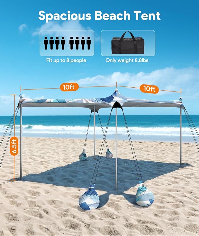 Beach Tent Sun Shelter, 10 x 10 FT Beach Canopy Tent Sun Shade, UPF50+ Tents - Image 5