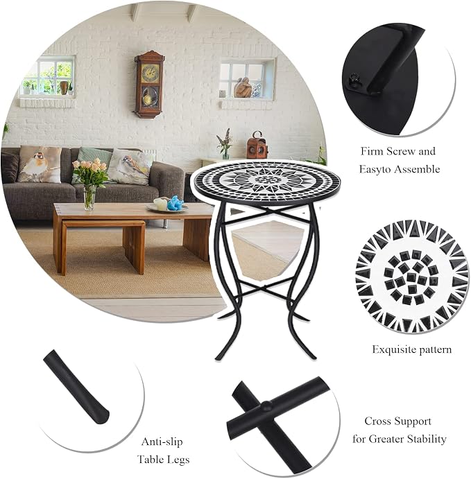 VCUTEKA Mosaic Outdoor Side Table, Living Room, Bistro Balcony or Lawn Black - Image 4