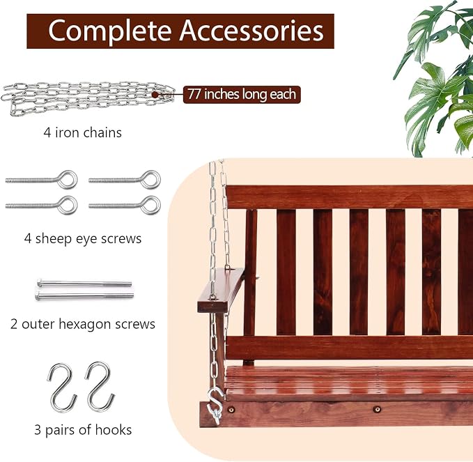 Outdoor Wooden Porch Swing 4Ft Patio Porch Swing Bench 800 LBS Load-Bearing - Image 4