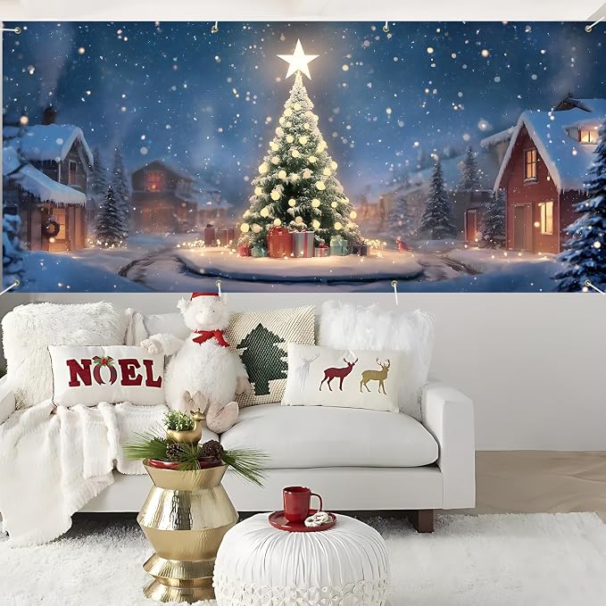 Christmas Garage Door Banner 6x13FT, Night Village Christmas Tree Scene - Image 5