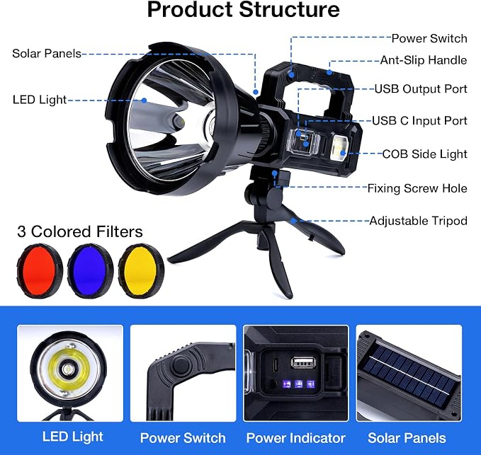 Solar Rechargeable Spotlight 3, 000L High Lumens, Super Bright Led Spot Lights - Image 6