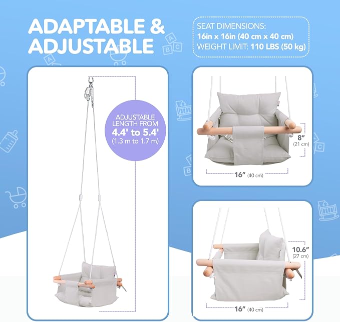 CaTeam - Canvas Baby Swing, Wooden Hanging Swing Seat Chair - Image 4