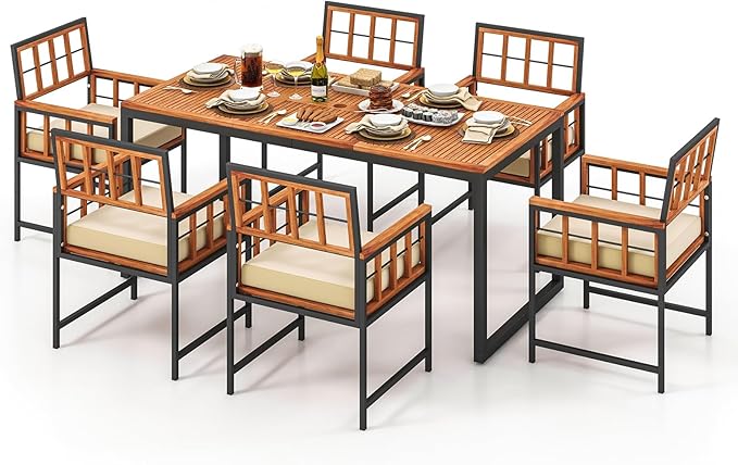Tangkula 7 Pieces Patio Dining Set, Outdoor Acacia Wood Table and Chairs by TANGKULA