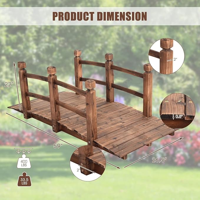 Giantex 5 FT Wooden Garden Bridge, Stained Wood Arc Footbridge - Image 5