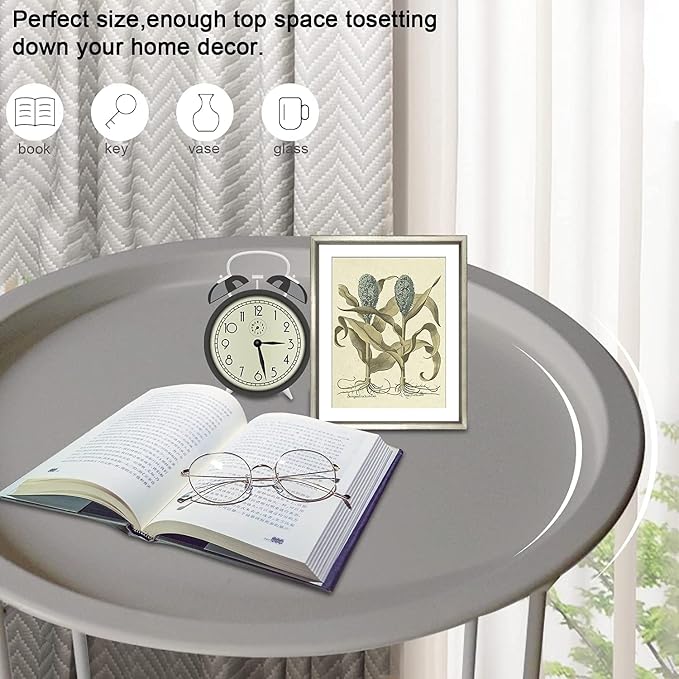Garden 4 you Folding Tray Metal Side Table 2PC Grey Round End Table Cyan Sofa - Image 4