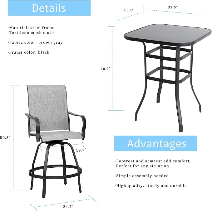 Shintenchi 3 Piece Patio Swivel Bar Stools Set, Outdoor Patio Bar Table and - Image 2