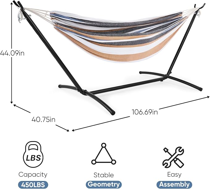 DUMOS Double Hammock with Space Saving Stand, Heavy Duty Steel Frame, Portable - Image 3