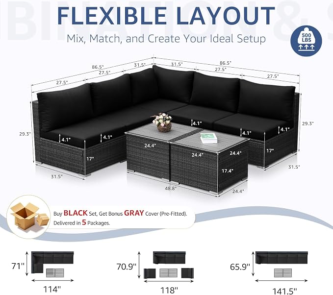 NICESOUL 7 Piece Modern Outdoor Patio Furniture Set, Extra Large Grey Wicker - Image 4