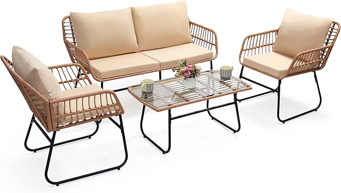 Kromax 4 Piece Patio Bistro Outdoor Furniture Set, Wicker Sofa, 2 Rattan Chairs by KROMAX
