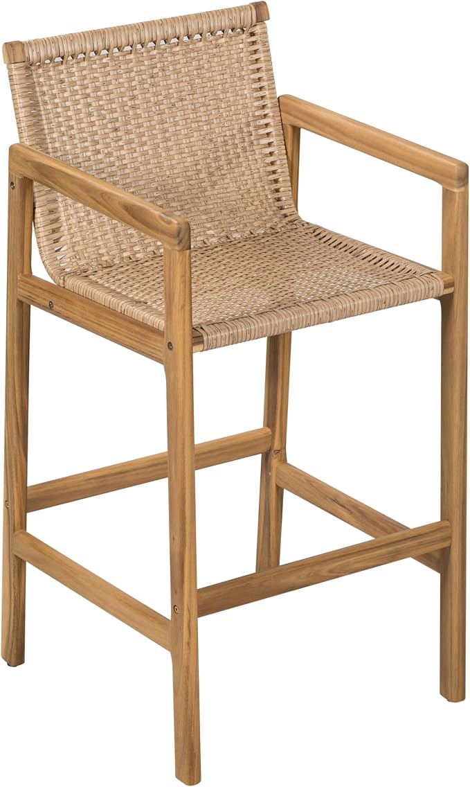 Merax Outdoor Bar Stools Set of 2, Wicker Woven Barstools, Acacia Wood Counter - Image 7