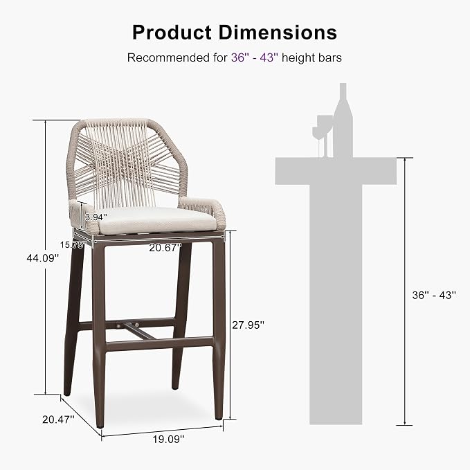 PURPLE LEAF Patio Bar Stool Bar Height Set of 2 Outdoor Rattan Chairs - Image 2