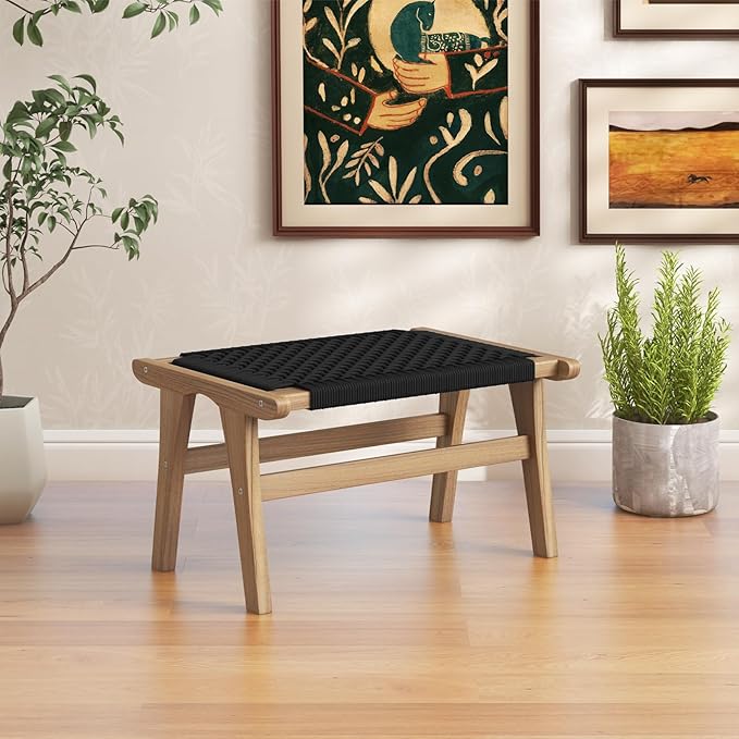 Tangkula Teak Ottoman Footstool, Natural Teak Wood Foot Rest - Image 2