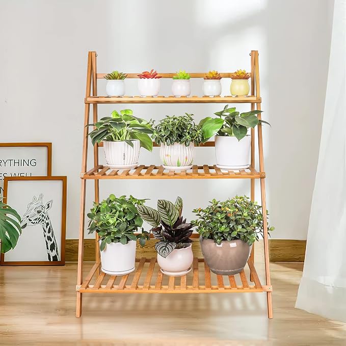 Ufine Bamboo Ladder Plant Stand 3 Tier Foldable Flower Pot Display Shelf Rack - Image 3