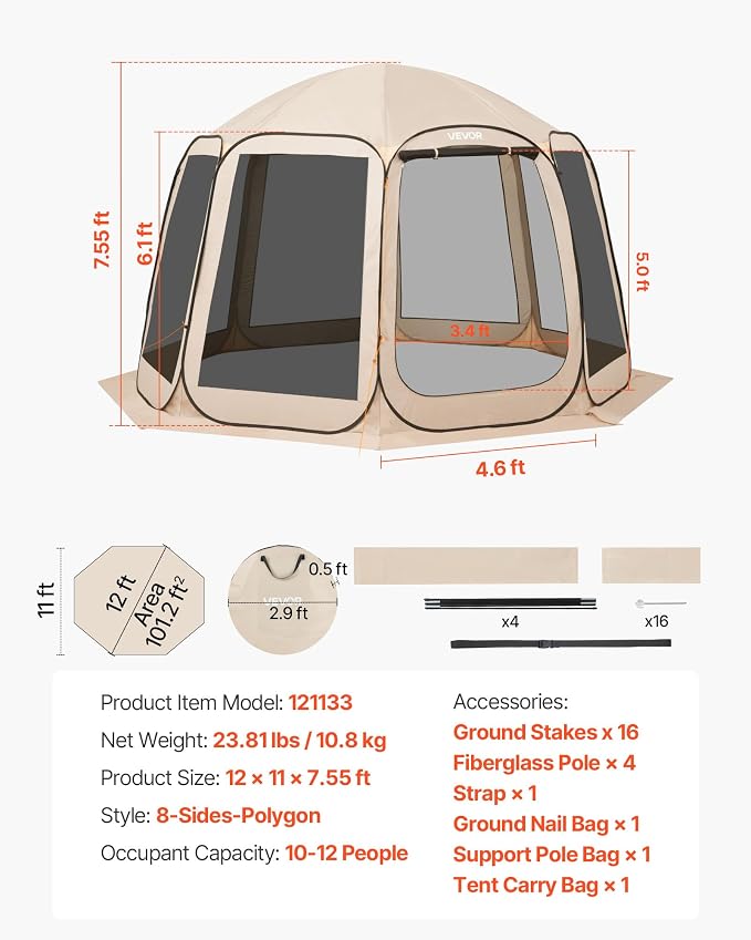 VEVOR 12 x 11 ft Pop up Screen House Tent, 10-12 Person Screen Gazebo w/Carry - Image 7