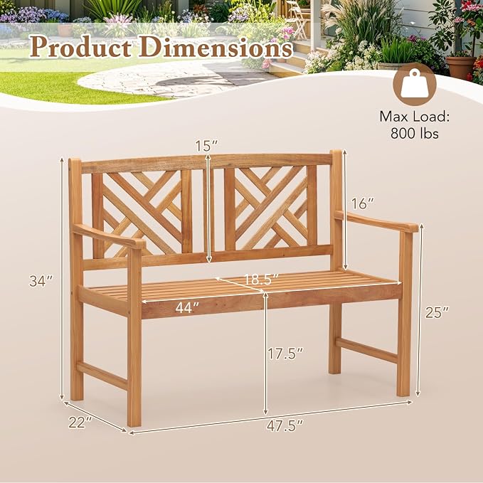 HAPPYGRILL Outdoor Wood Bench, 2-Seat Acacia Wood Loveseat Chair w/Slatted Seat - Image 3