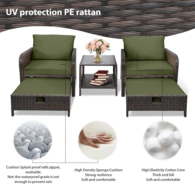 LEVELEVE Balcony Furniture 5 Piece Patio Conversation Set, PE Wicker Rattan - Image 5
