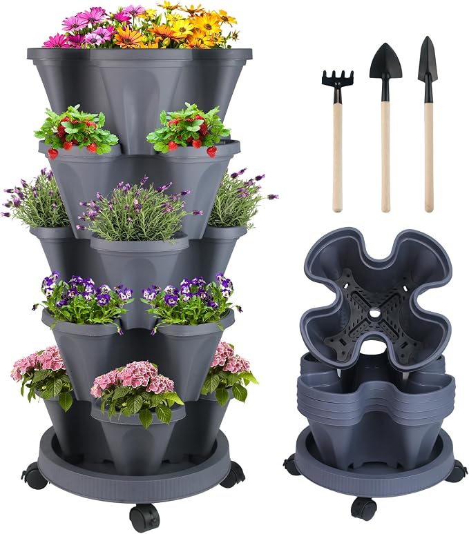 DUNCHATY Stackable Planter, Dark Gray, 5-Tier Garden Tower by DUNCHATY