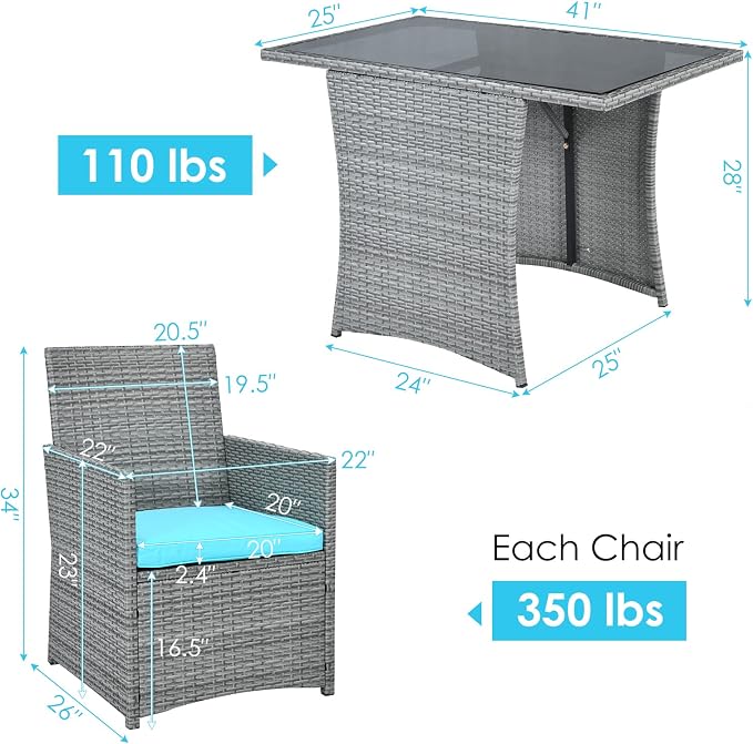 Tangkula 3 Pieces Patio Dining Set, Patiojoy Space-Saving PE Rattan Bistro Set - Image 5