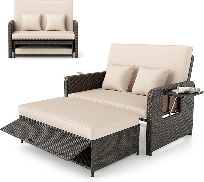 LDAILY Moccha Outdoor Daybed, Wicker Loveseat Sofa Set by LDAILY