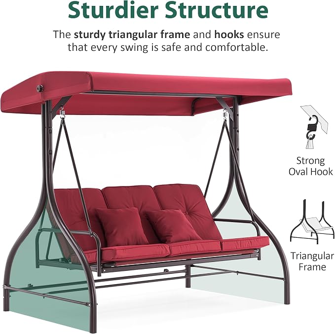 MCombo 3-Seat Outdoor Patio Swing Chair, 2-in-1 Convertible Porch Swing Glider - Image 7