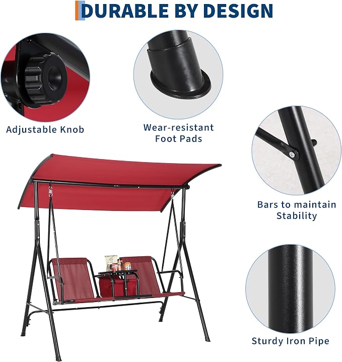 Porch Swing with Cup Holders & Pivot Storage Table & Cooler Bag with Adjustable - Image 5