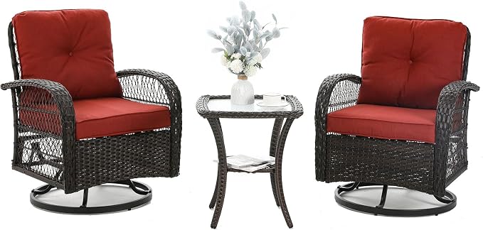 3 Pieces Patio Furniture Set, Outdoor Swivel Glider Rocker, Wicker Patio Bistro by VonzoyHome