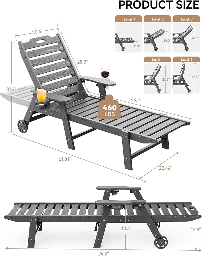 Carauci Lounge Chair Outdoor Set of 4, HDPE Chaise Lounge - Image 3