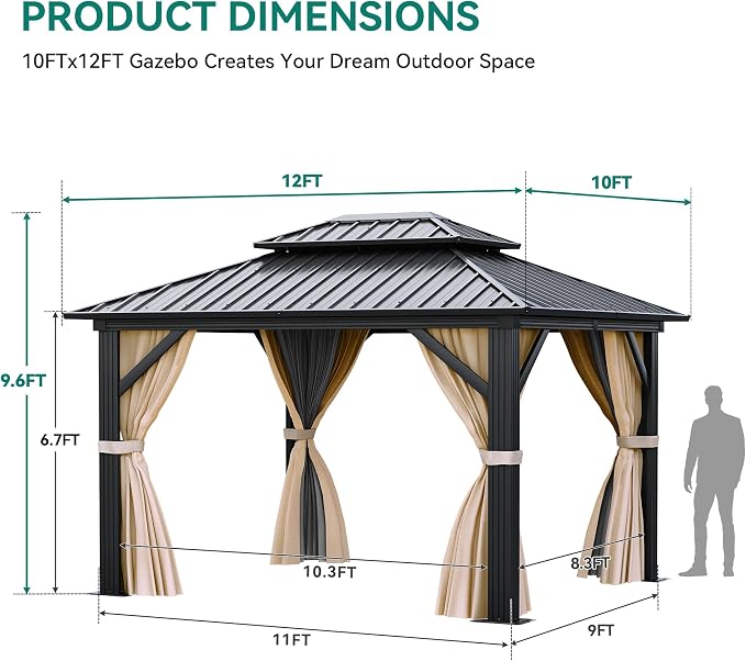 YITAHOME 10x12ft Gazebo Hardtop Double Roof Canopy w/Netting and Curtains - Image 8