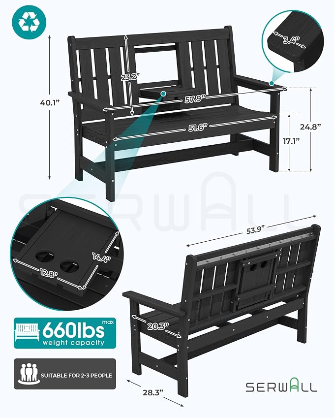 SERWALL Outdoor Bench with Cup Holder, All Weather Patio Benches with High - Image 2