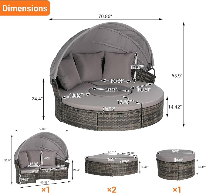 Merax 5 Pieces Outdoor Patio Round Daybed Furniture, All-Weather Wicker - Image 2