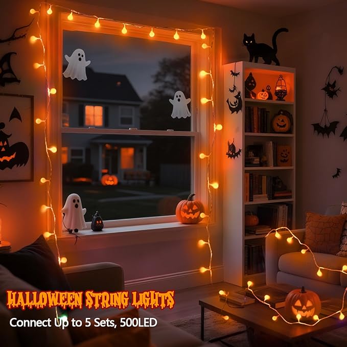 LORRYTE Connectable Orange Halloween Lights Outdoor Indoor - 43FT 100LED Globe - Image 6