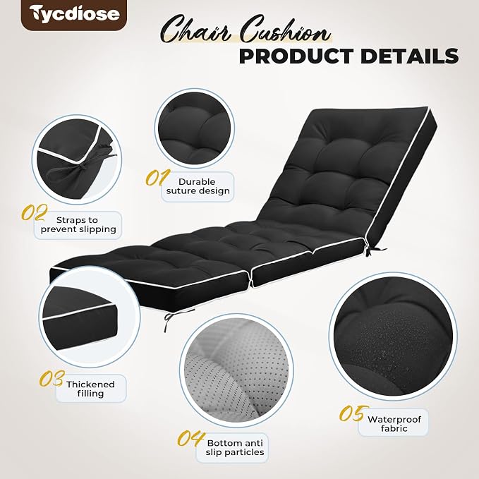 Outdoor Chaise Lounge Chair Cushion, Waterproof Non-Slip Patio Chaise Lounge - Image 5