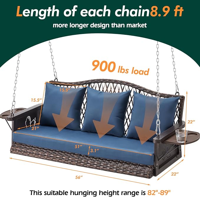 Upgraded Wicker Hanging Porch Swing Heavy Duty 900 LBS 3-Seat Outdoor Patio - Image 7