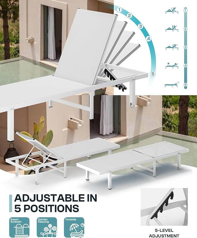 Lounge Chair Outdoor with Wheels, Aluminum Patio Chaise Lounge Chair with 5 - Image 4