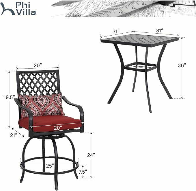 PHI VILLA 3 Piece Outdoor Bar Furniture Set, Counter-Height Patio Bistro Table - Image 7