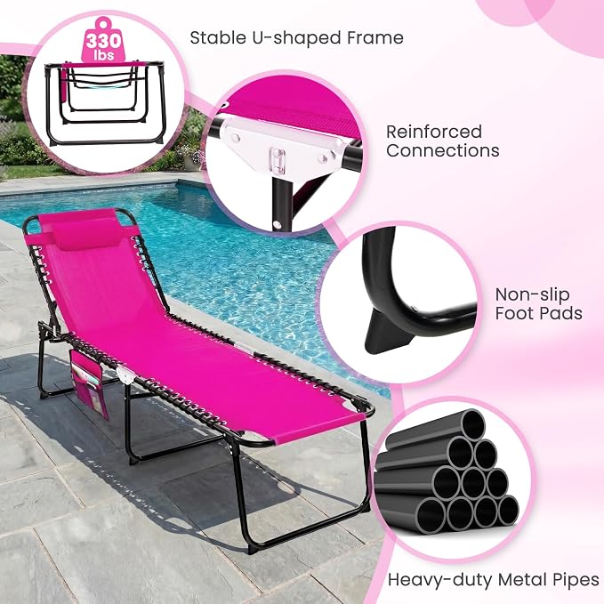 GYMAX Lounge Chairs for Outside, Extra High Folding Beach Tanning Lounger - Image 7