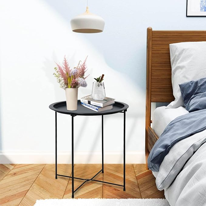 Garden 4 you End Table Metal Side Table Black Round Folding Tray Cyan Sofa - Image 5