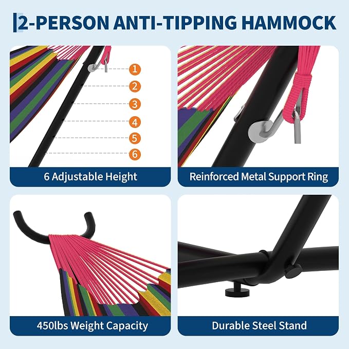 2 Person Hammocks with Stand for Outside, Double Hammocks Portable Space Saving - Image 4
