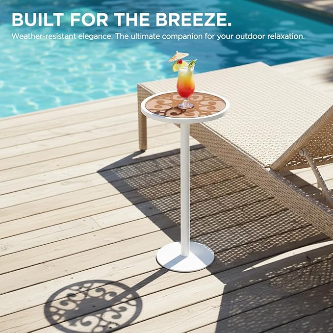 White Drink Table with Amber Tempered Glass Top, Indoor Outdoor Small Round - Image 7